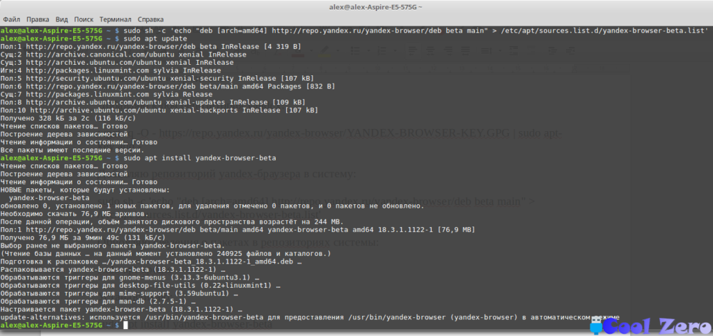 Установка Yandex-браузера в терминале Linux Mint